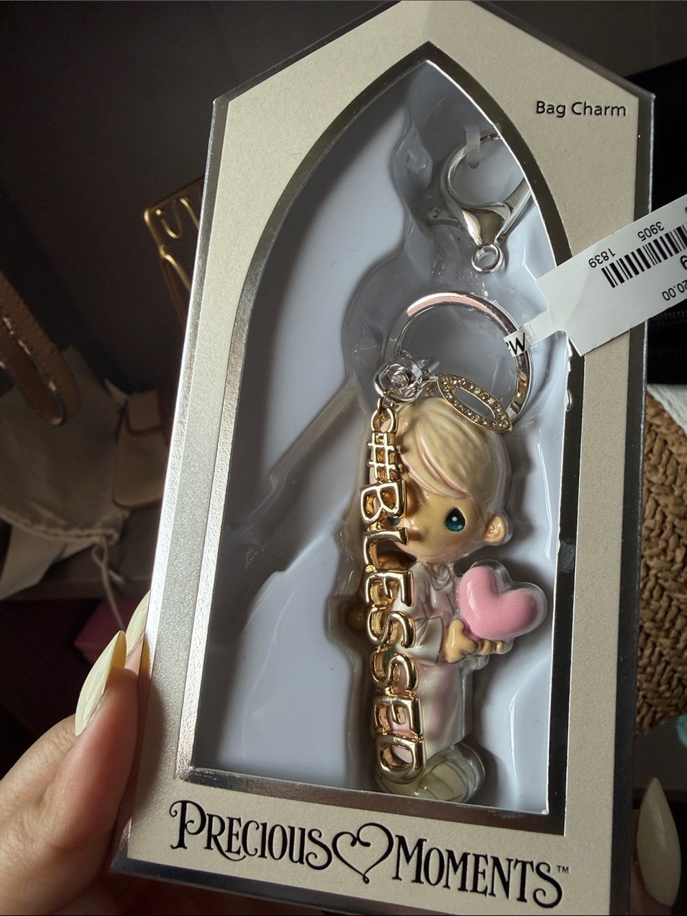Precious Moments Gold-tone Figurine Keychain with Pink Heart